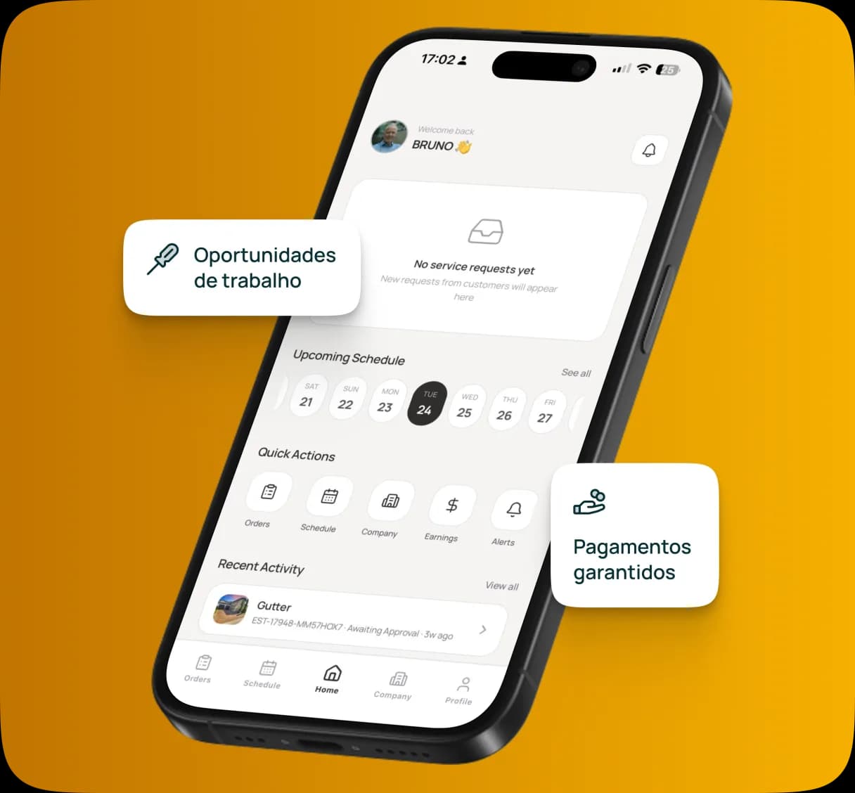 Celular exibindo o app Houser para Prestadores, com destaques para oportunidades de trabalho e pagamentos garantidos