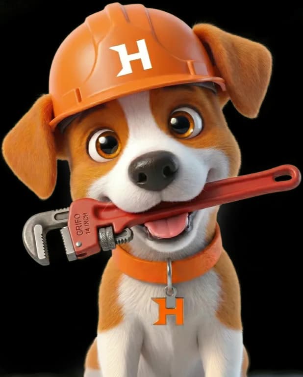 Houser mascot — a puppy wearing a hard hat and holding a pipe wrench