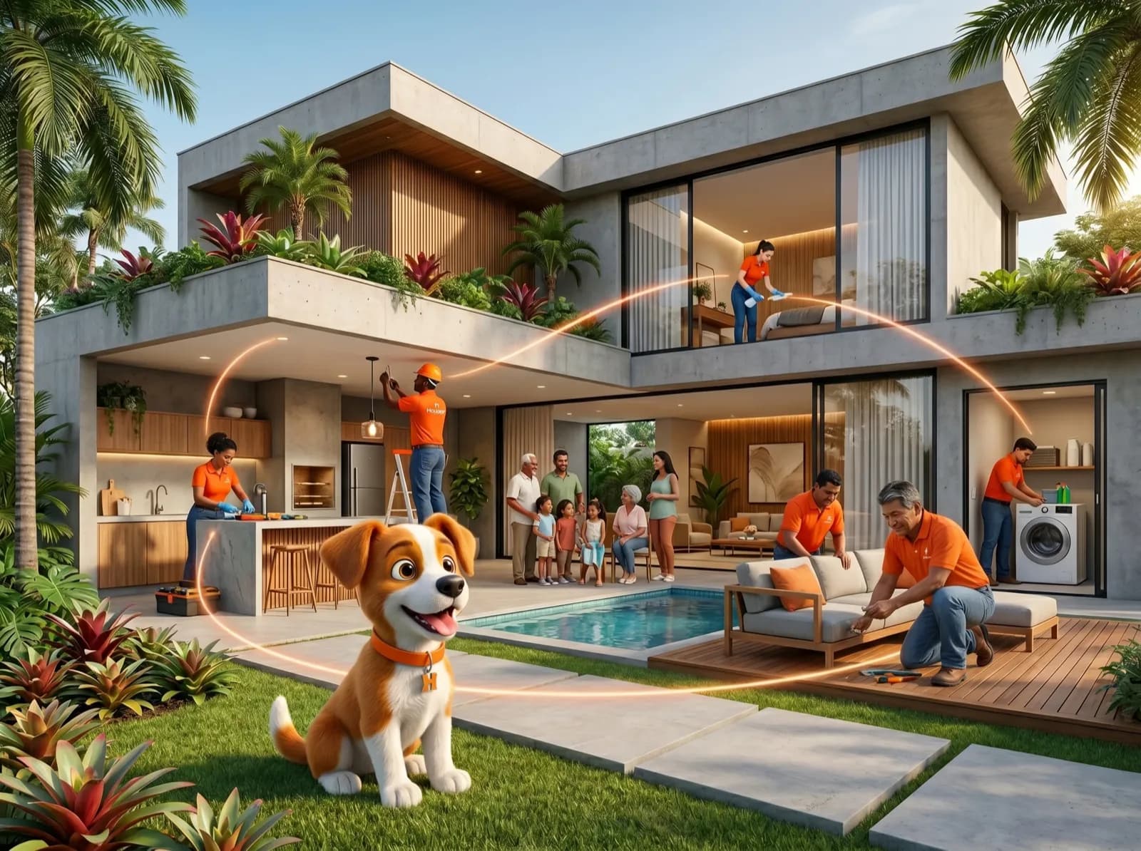 Profissionais da Houser atendendo uma casa moderna, com o mascote em primeiro plano