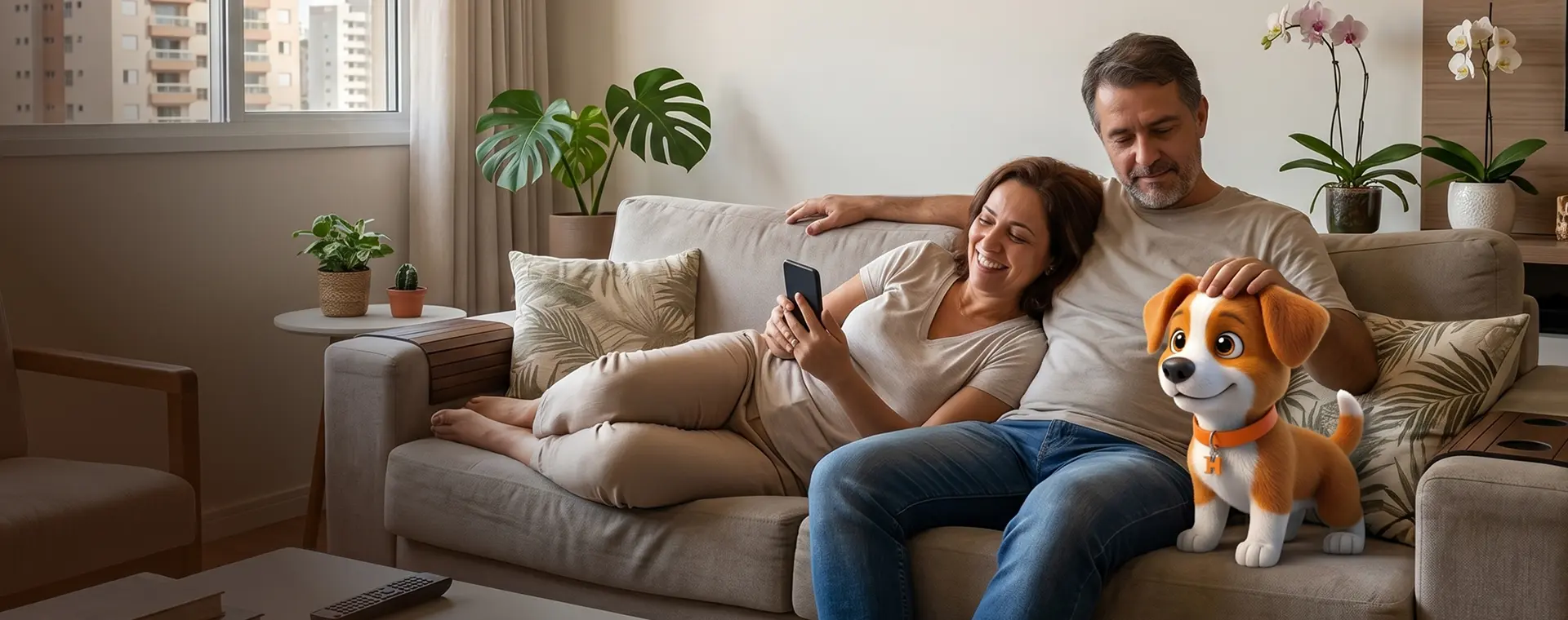 Couple on the couch using the Houser app to book a home service