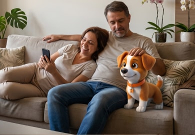 Casal no sofá usando o app Houser para agendar serviço residencial