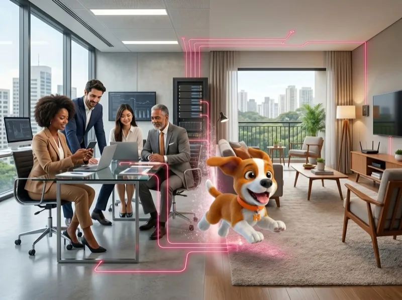Equipe corporativa em reunião com o mascote Houser no escritório