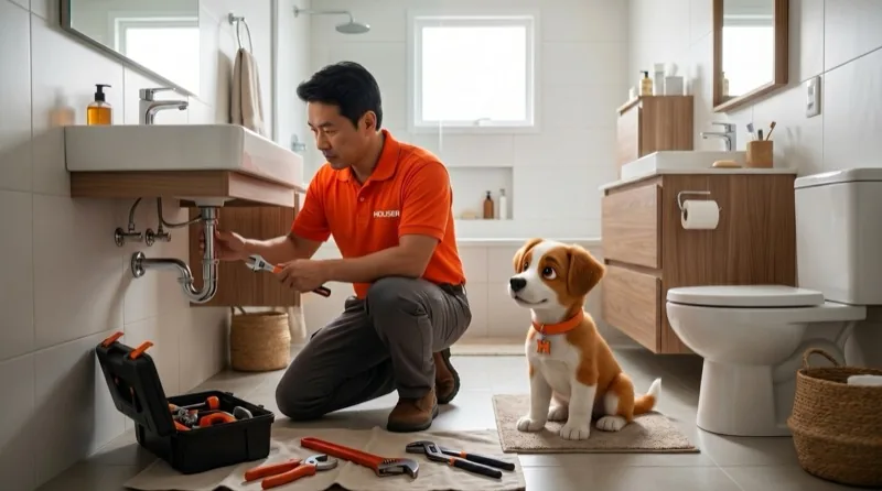 Profissional Houser fazendo manutenção em uma residência, com o mascote ao lado
