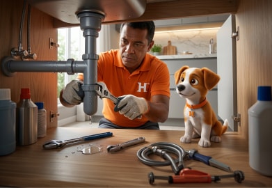 Encanador Houser e mascote Helper em cozinha durante reparo