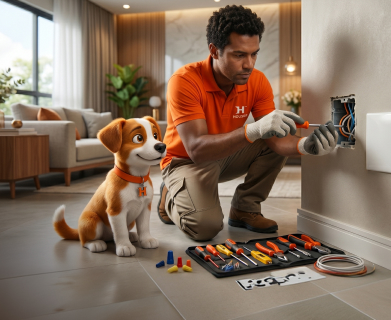 Profissional Houser realizando serviço residencial com mascote Helper